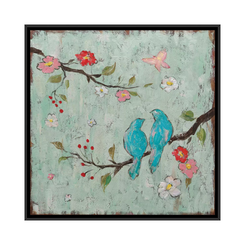 «Love Birds I», reproduction d'art sur toile, H 26 po x l 26 po x P 1,5 po, Toile avec cadre noir, Pas de tapis