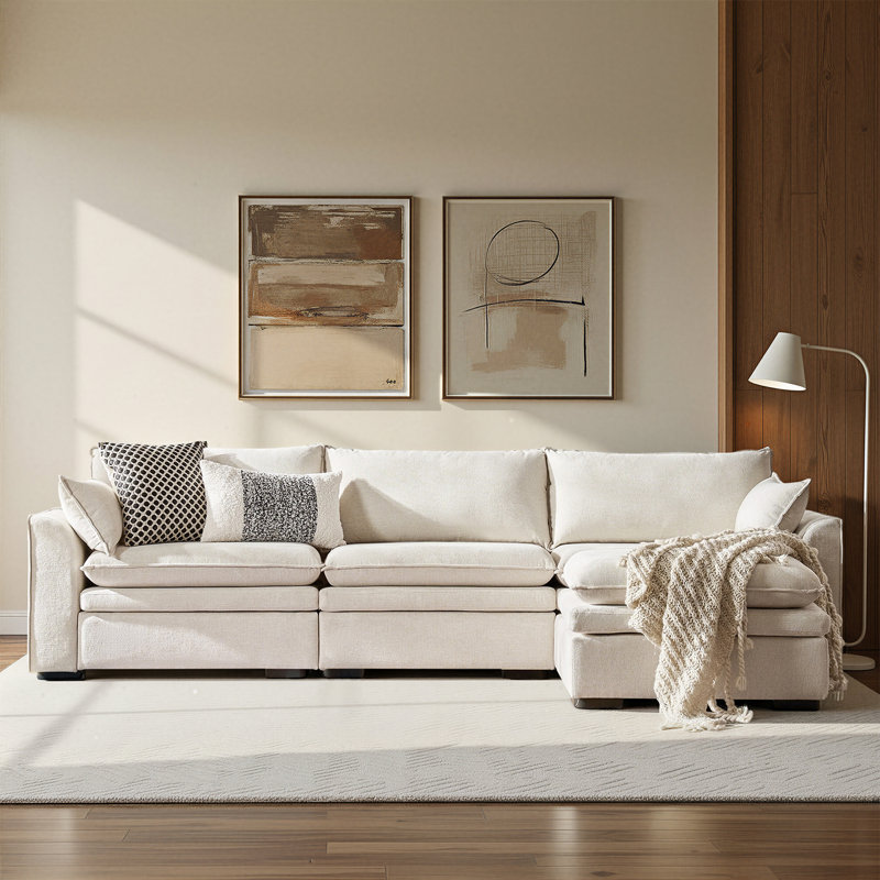 Canapé modulaire surdimensionné 4 pièces à double coussin de 121 po Wolff, Ivoire ivoire