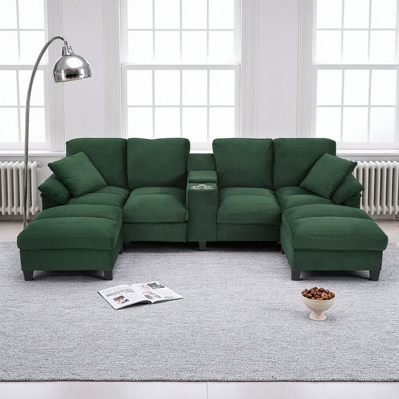 Canapé modulaire moderne en forme de U avec repose-pieds, porte-gobelets et ports USB, 116,9 po, Vert