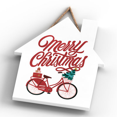 Xmas Merry Christmas Bicycle Wooden House Plaque