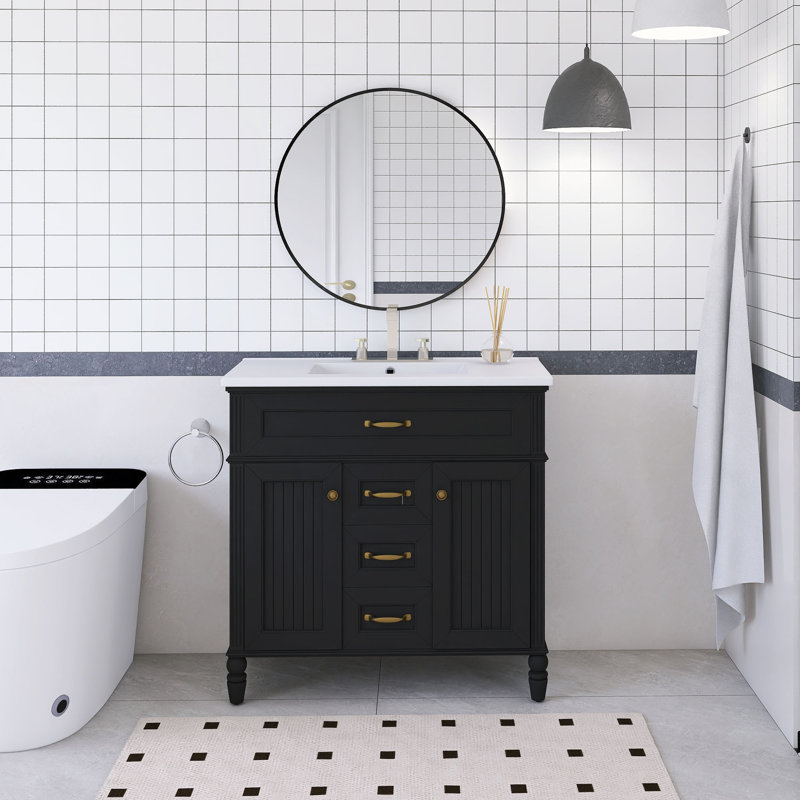 36'' Freestanding Single Sink Bathroom Vanity With Ceramic Top, Black, Gold