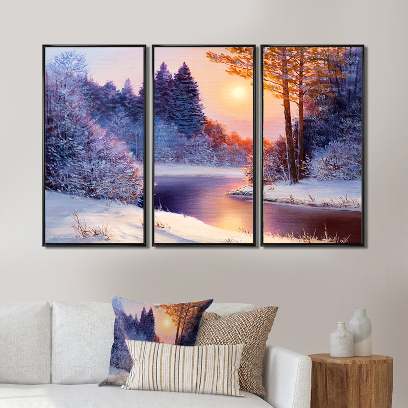 Forêt de Noël avec rivière - ensemble d'art mural sur toile encadré paysage de 3, Noir, H 32 po x l 48 po