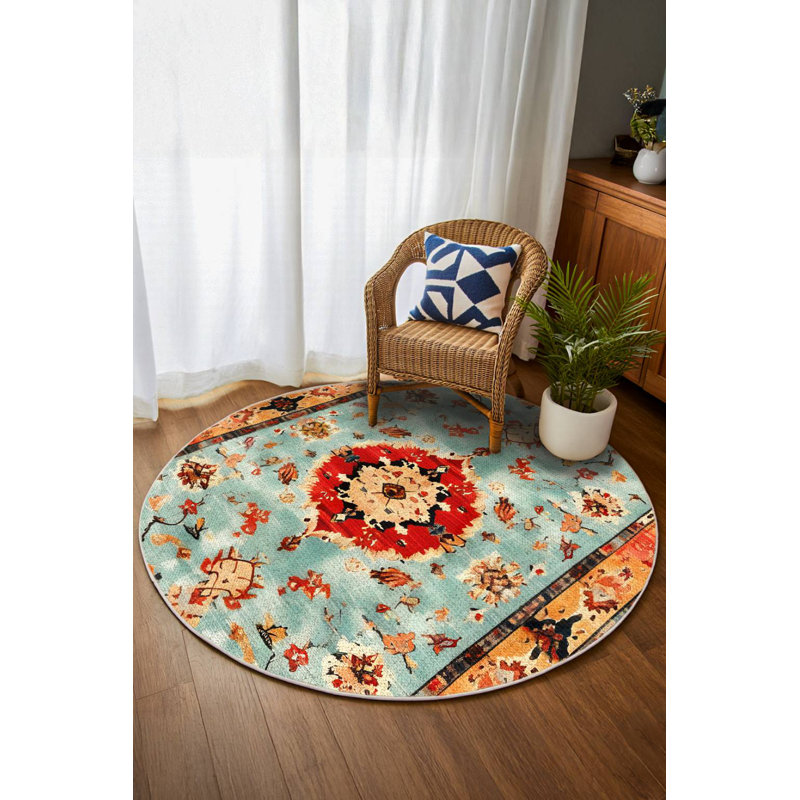 Tapis en mélange de coton et de polyester à imprimé numérique Arathorn - bleu sarcelle et orange, Rond 2 pi 8 po