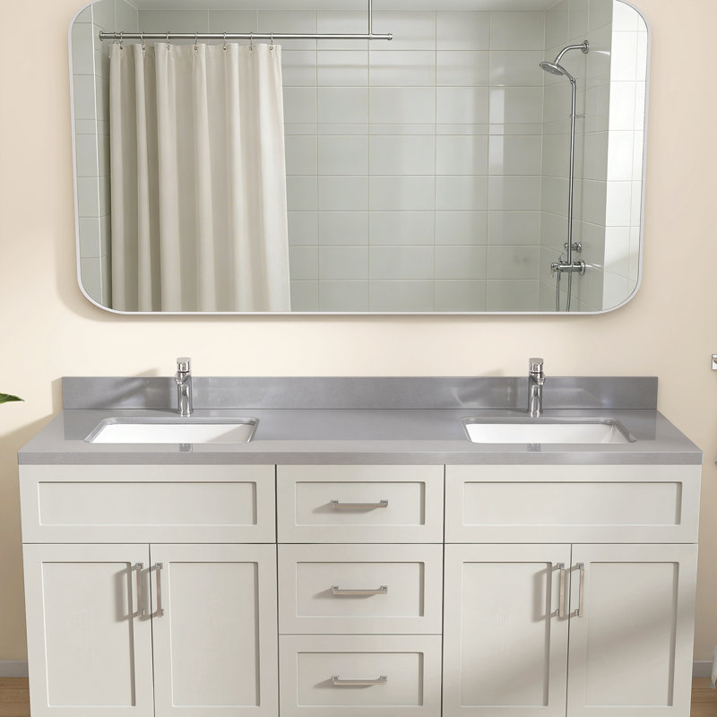 Lavabo de salle de bain double comptoir en céramique gris l 72 po x P 22 po avec double vasque et comptoir en céramique Dosseret en H et trou de robinet pré-percé simple