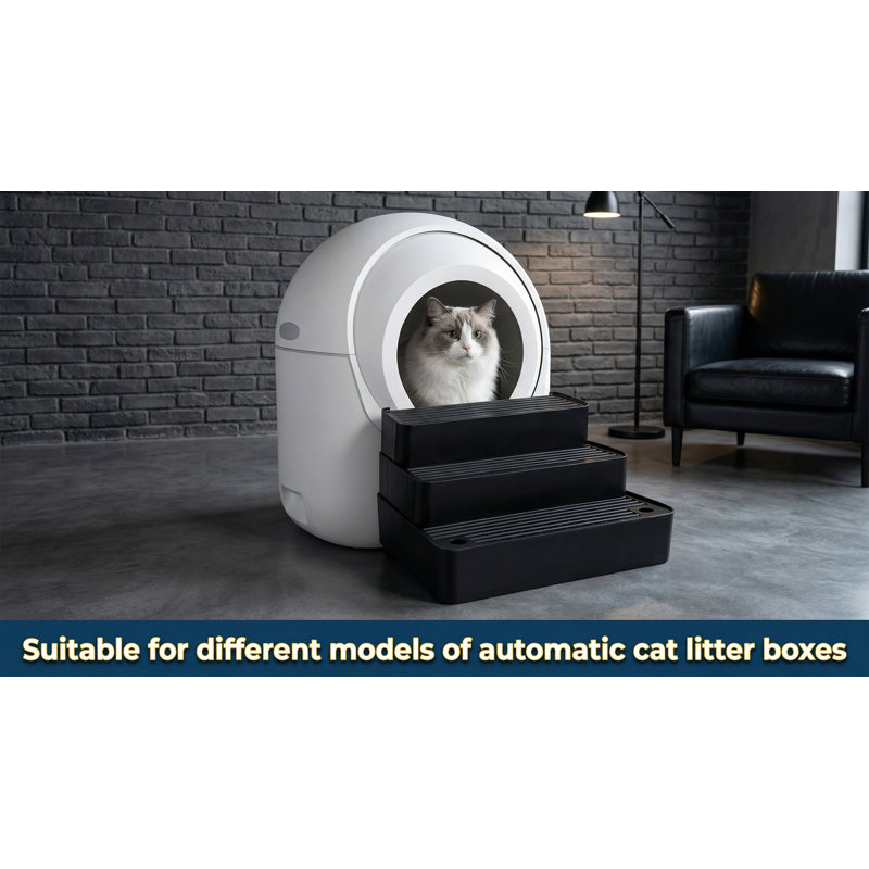 Rampe pour bac à litière réglable en hauteur à 3 marches, comprend 20 sacs à déchets, fonction de filtre, escalier de litière antidérapant pour chat, compatible avec les boîtes automatiques, pour petits et grands chats, noir