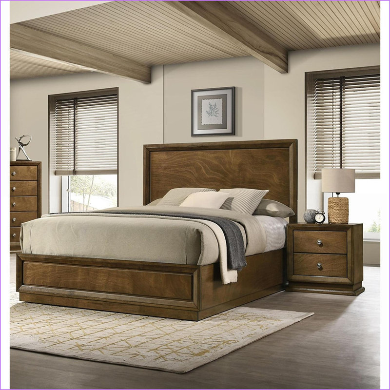 Ensemble de mobilier de chambre à coucher, lit double 3 pièces + 2 tables de chevet, brun noyer transitionnel | Bois d'ingénierie, bois d'hévéa | Lits standard