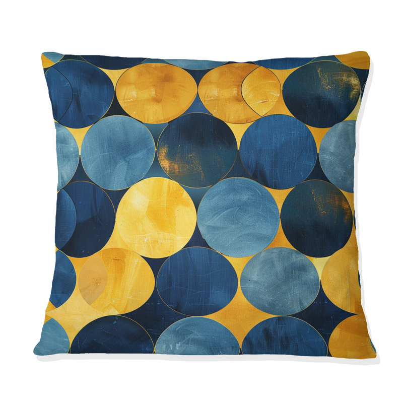 Bleu, jaune, moderne, cercles I - coussin décoratif moderne, H 18 po x l 18 po