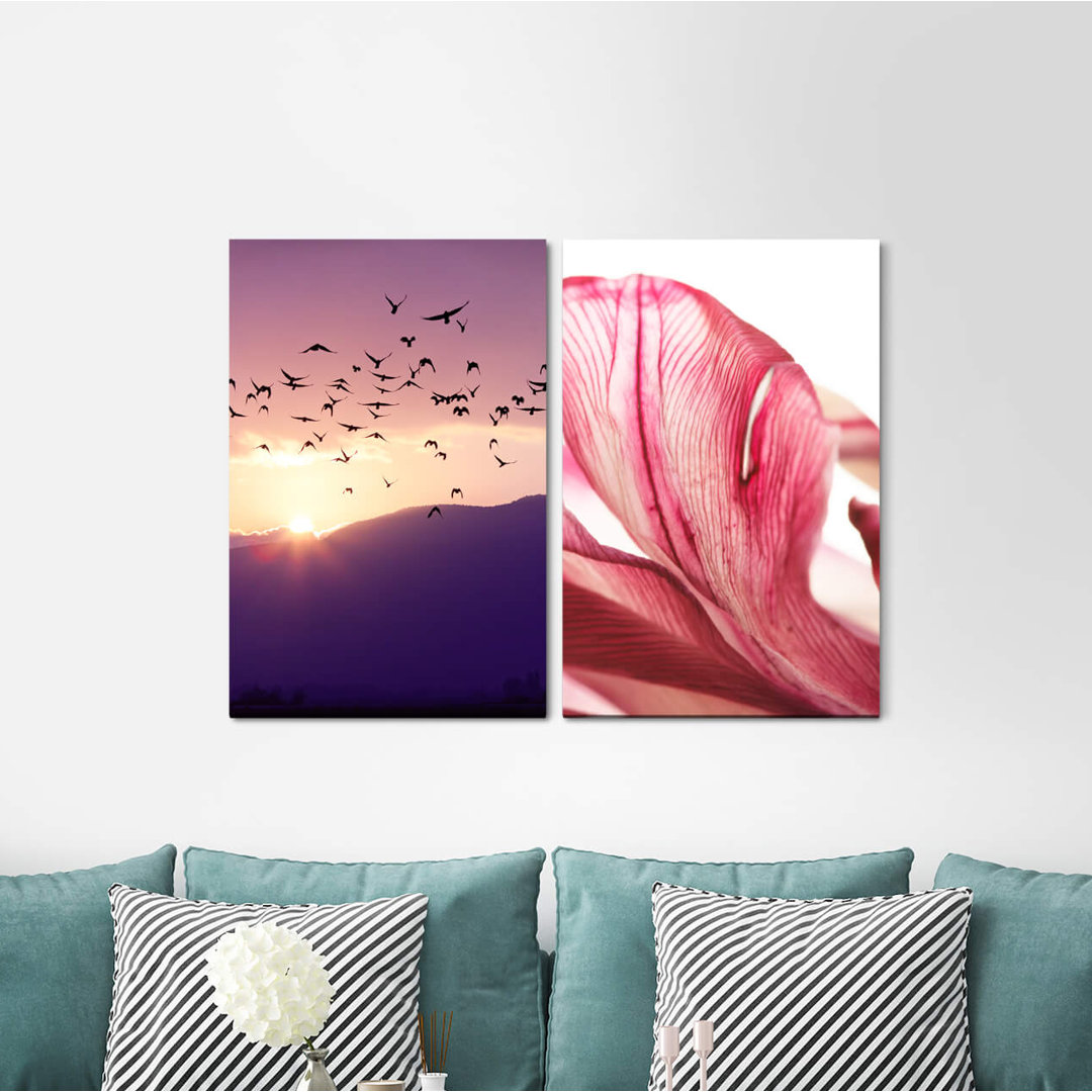 2-tlg. Leinwandbilder-Set - Fotografie „Swarm of Birds Birds Japan Sunset Orchid Blossom Nature”