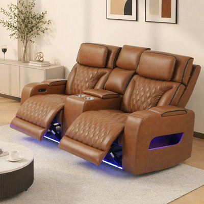 Jazmina 74" Light Brown Leather Aire Transformer Power Reclining Loveseat with Power Headrest, Bluetooth Speakers, LED Lights, USB & USB-C Ports, Storage & Cupholders