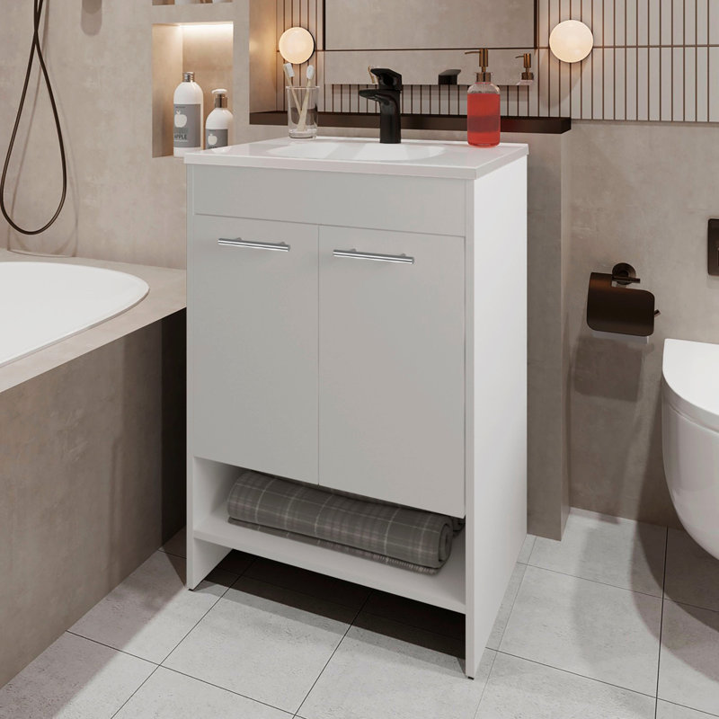 Meuble-lavabo de salle de bain blanc avec 2 portes et solution de rangement ouverte - H 34,6 po x H 23,2 po x 17,7 po, panneau de particules moderne, aspect moderne, H 34,6 po x l 23,2 po, 17,7 po