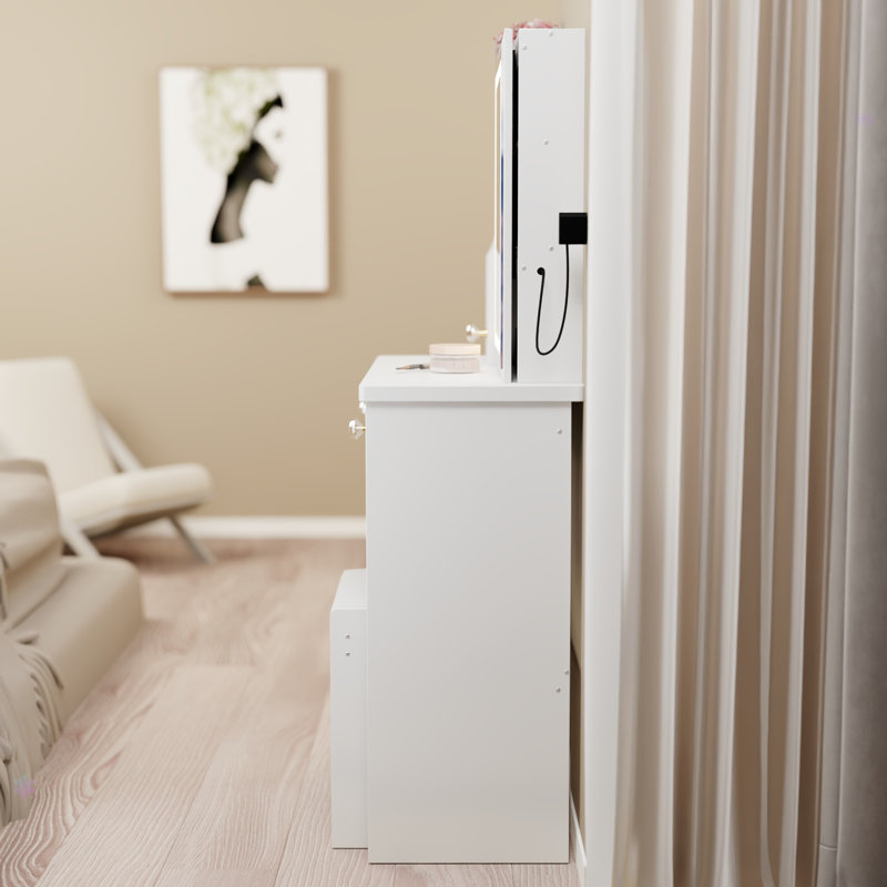 29.2" Small Left Drawer Desktop Vanity Table + Cushioned Stool, Large Sliding, Touch Control, White