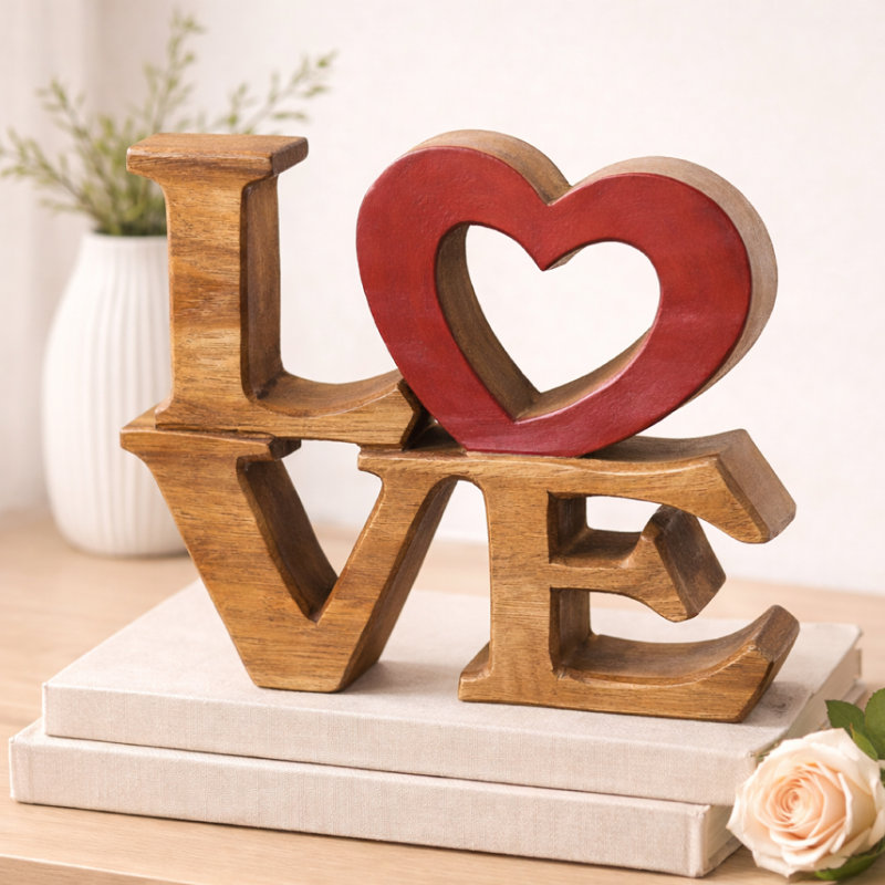 Elmija, sculpture faite à la main du mot AMOUR avec cœur rouge, Saint-Valentin, pièce d'art en bois pour la décoration intérieure