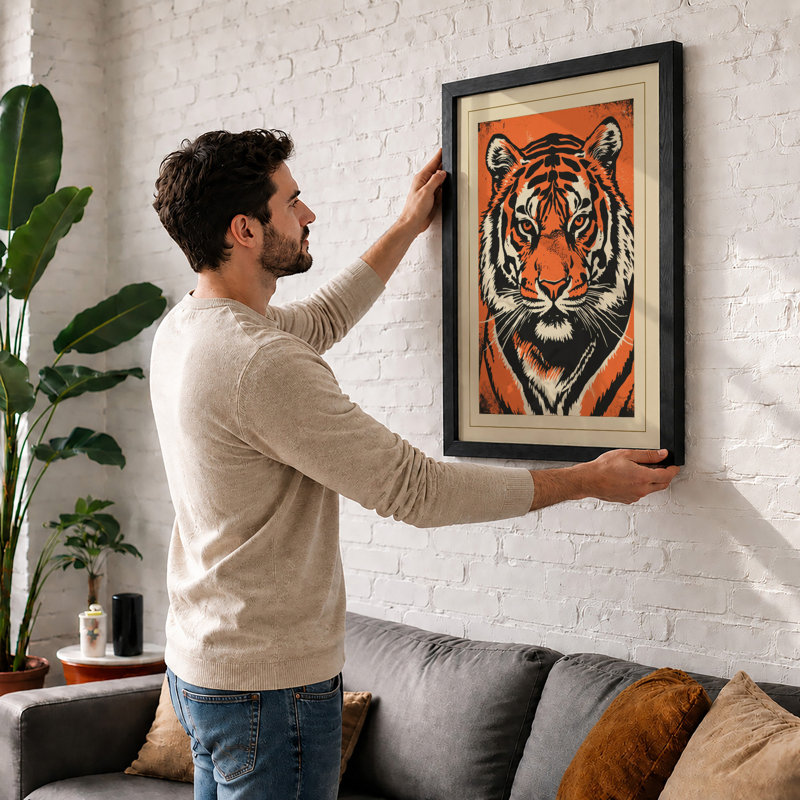 Tiger Face Direct Geometric - Framed Print, A3 - 42.0 x 29.7 cm, White