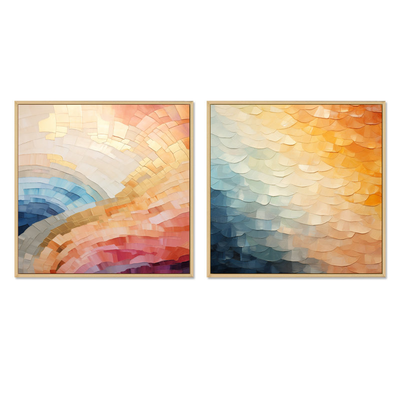 Minimalisme couleurs en harmonie - ensemble de 2 collages abstraits carrés, Cadre flottant brun, H 36 po x l 73 po