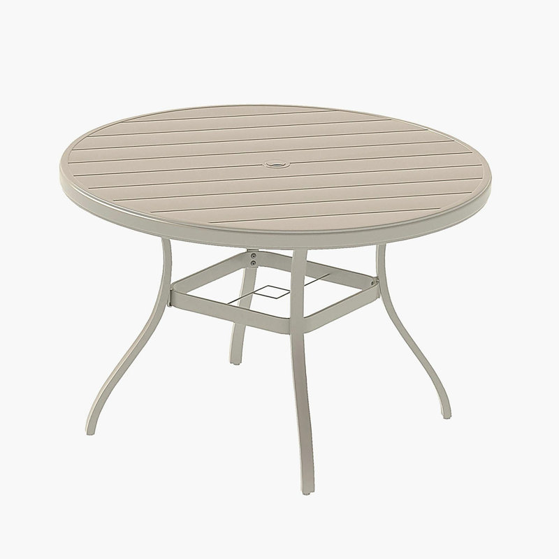 VRSHWO"Outdoor Round Patio Dining Table for 4-6, All Weather Metal Dining Table with Umbrella Hole for Deck Lawn Garden Backyard, Sandstone Color