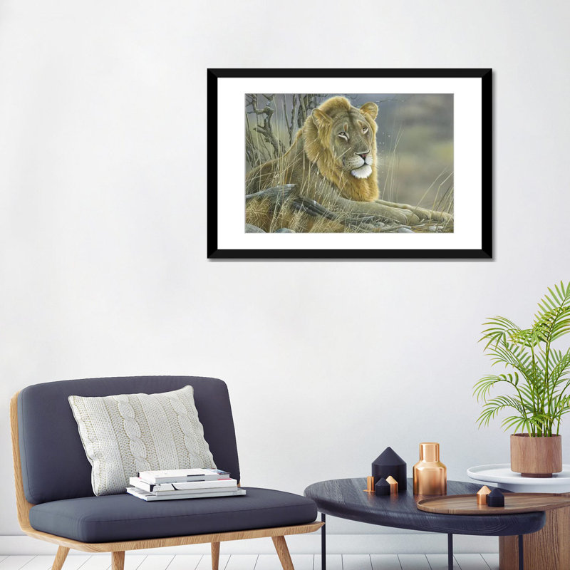« lion », impression sur toile, Papier d'art encadré noir, Blanc, H 16 po x l 24 po x P 1 po