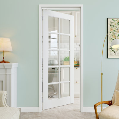 28" x 96" 10-Lite Clear Glass Interior Prehung Door with Silver Hinges, Clear Glass Door Slab, Paintable & Waterproof, Suit for Laundry, Closet Doors, Room Doors, Left Hand