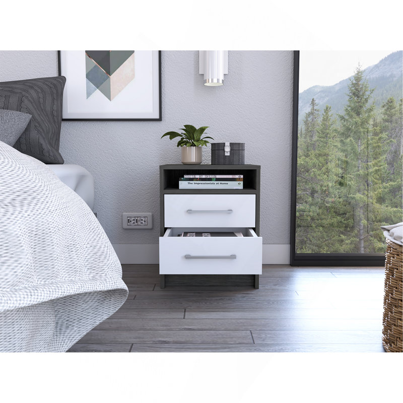 Philadelphia Nightstand, Two Drawers, Concealed Shelf, Black/White