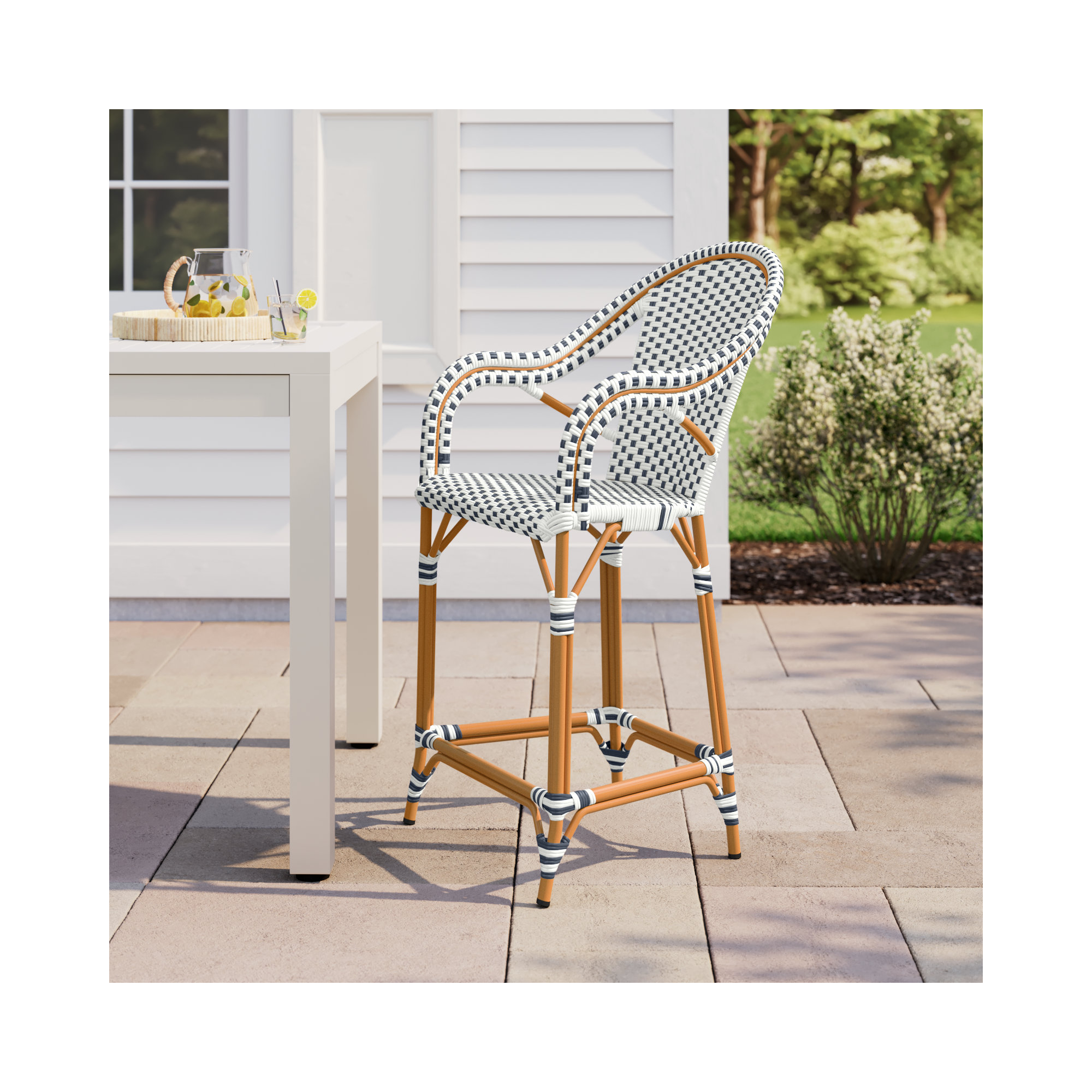 Popplewell 42.5'' Outdoor Bar Stool, White/Navy