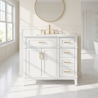 Meuble-lavabo simple Elston 36 po, fini blanc éclatant, comptoir en céramique blanche, portes de style Shaker et rangement à fermeture amortie