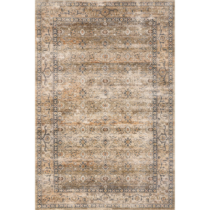 Myrtle Vintage Machine Washable Beige/Brown/Black Area Rug, Rectangle 9' x 12'