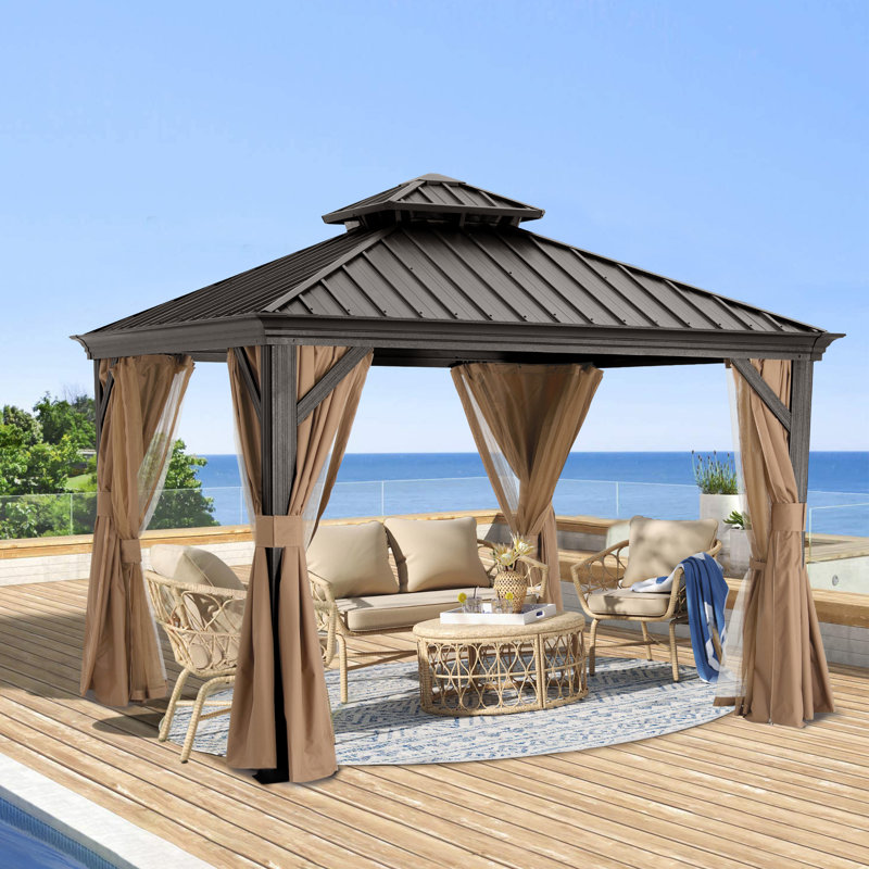 Aluminum Patio Gazebo Permanent Hardtop Gazebos, Khaki, 10 ft. x 10 ft.
