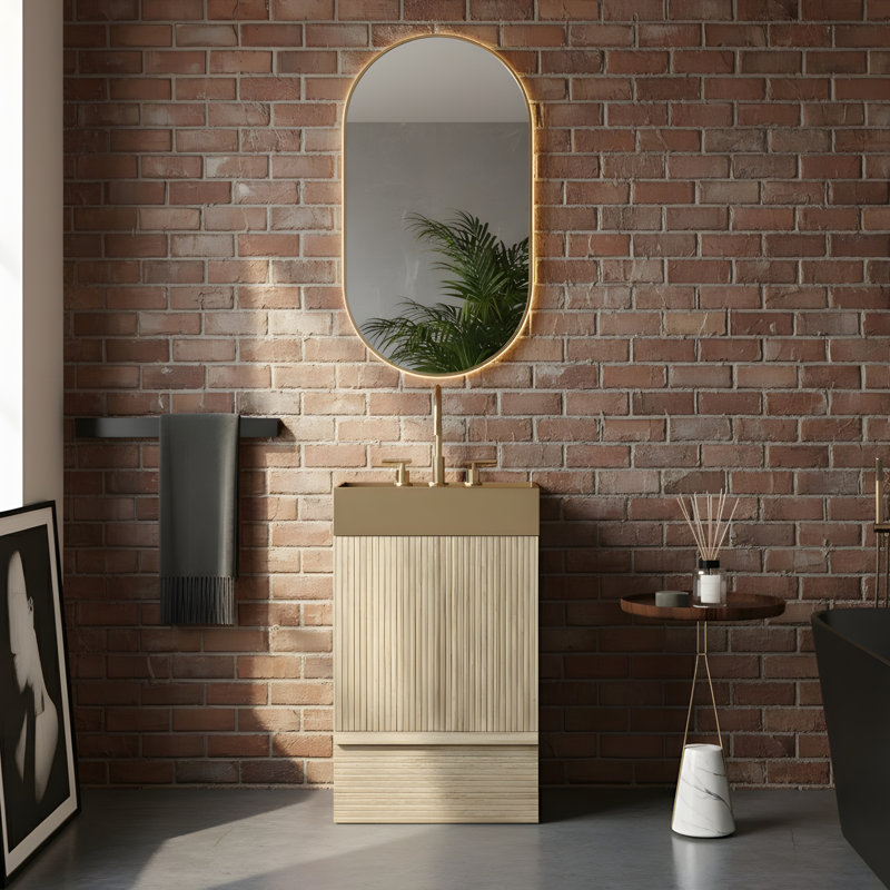 Meuble-lavabo autoportant en métal doré, Doré, Chêne clair
