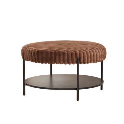 30.9-Inch Round Brown Faux Fur Ottoman Coffee Table with Wooden Storage Shelf and Black Metal Legs