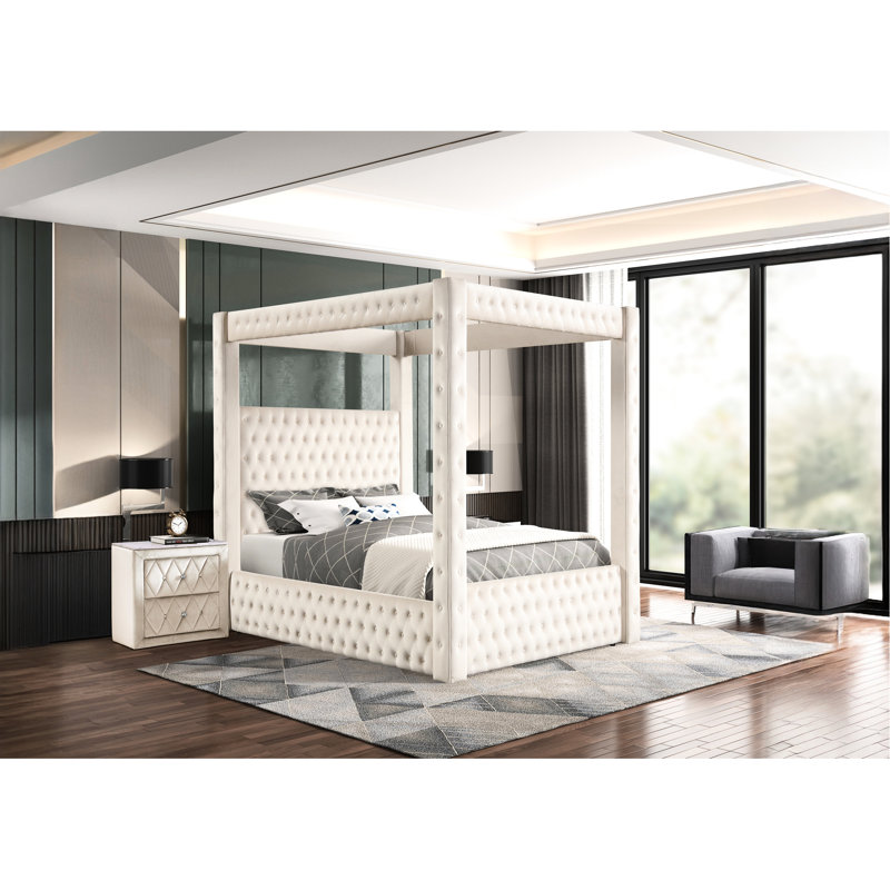 Lit à baldaquin en velours 1pc avec tête de lit à boutons et auvent moderne pour chambre à coucher, Grand lit, Ivoire ivoire