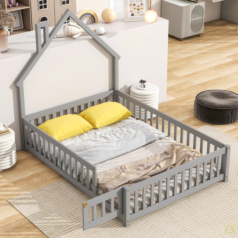 Full House-Shaped Headboard Floor Bed With Fence, Grey