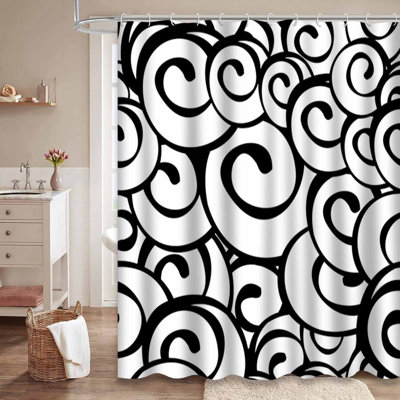 Rideau de douche abstrait à spirale noir et blanc abstrait avec 12 crochets