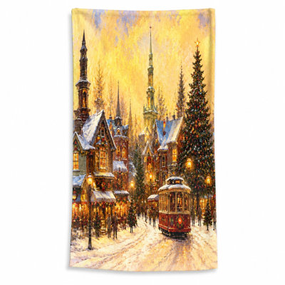 1Pcs Festive Winter Village Beach Towel with Christmas Tree and Trolley, Snow Scene for, Travel, Outdoor Activities, Unisex