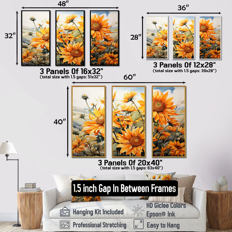 Sunflowers Minimalisme Dream I - Ensemble de décoration murale tournesols, Cadre naturel flottant, H 32 po x l 48 po x P 1 po