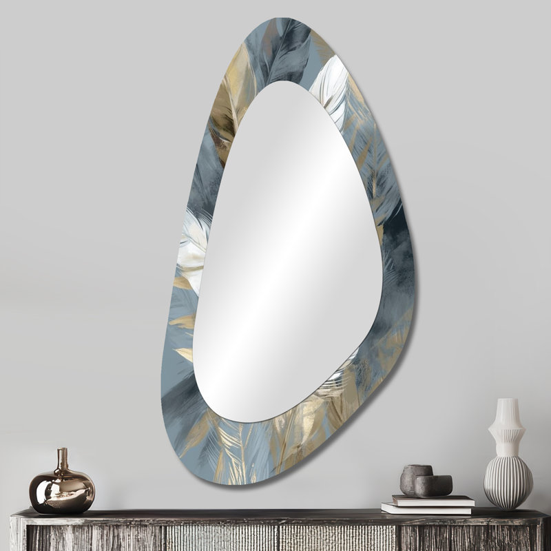 Gold And Grey Impressions Of Bohemian Energy II - Boho Feather Unique Shape Mirror, Gold Asymmetrical Unique Wall Mirror, Printed Metal Art