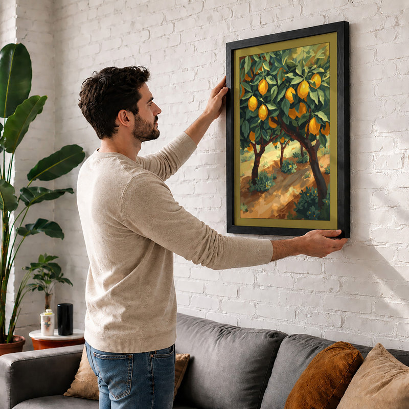 Golden Citrus Grove Botanical - Framed Print, A2 - 59.4 x 42.0 cm, Walnut