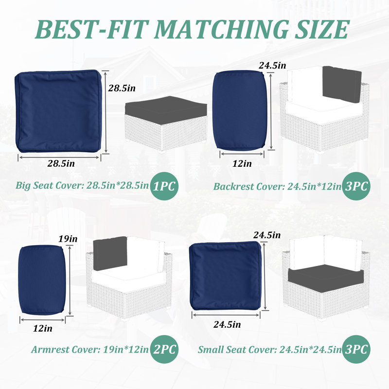 9-Piece Outdoor Cushion Cover Set (Set Of 3 Seats , 5 Backs, 1 Footrest)， Only Covers, Blue