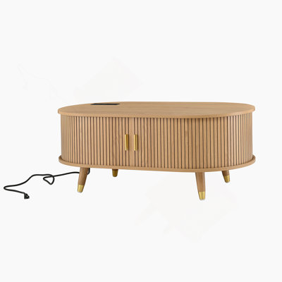 Ensemble de meuble télé et table basse en bois avec station de charge, console média cannelée ovale avec portes coulissantes pour téléviseur de 80 po ou moins