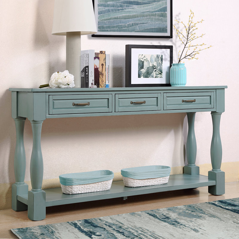 Console en bois de 63 po de long avec 3 tiroirs et 1 tablette inférieure pour le couloir d'entrée, Bleu