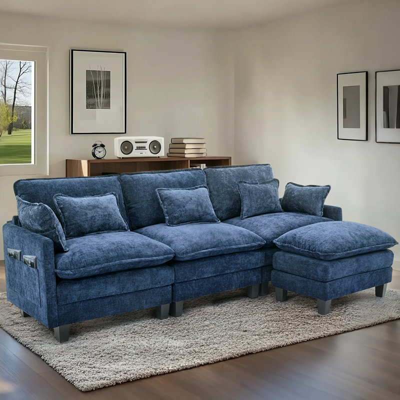 113" W 4 - Piece Chenille Sectional, Blue