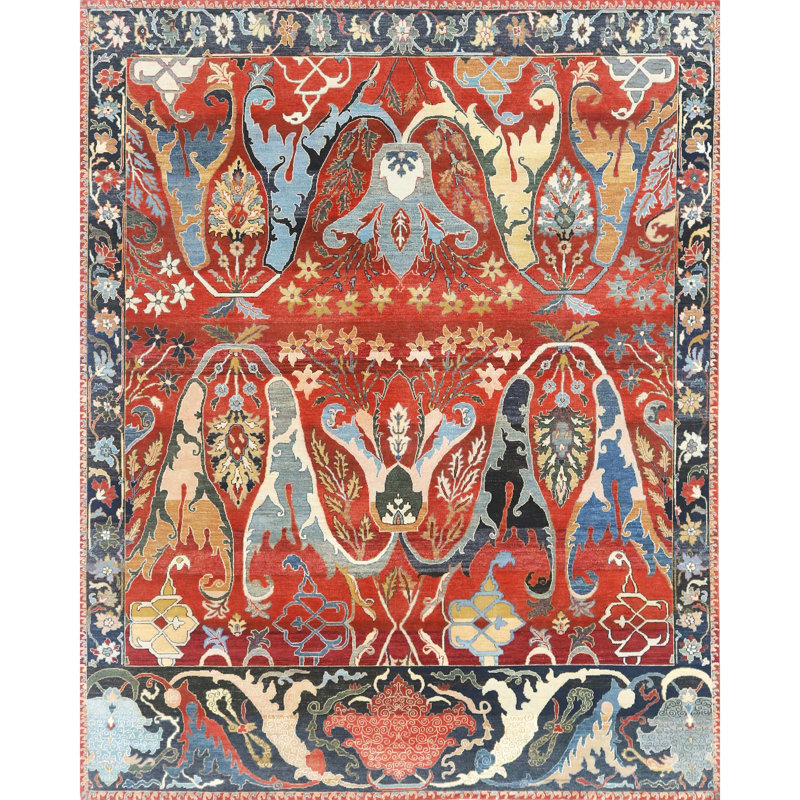 Tapis rectangulaire en laine / viscose noué à la main rouge / noir / bleu, Rectangle 8 pi x 10 pi