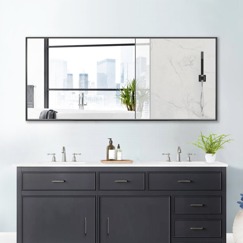 Modern & Contemporary Rectangle Bathroom Vanity Mirror Metal Framed Wall Mirror, Black, 30" x 70"