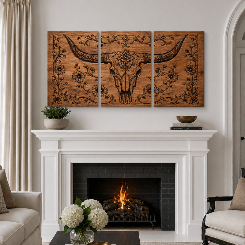 Tableau représentant un crâne de taureau à motifs floraux de l'Ouest, décoration murale pour le salon, impression giclée sur toile en 3 parties