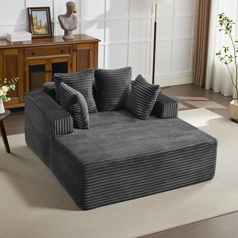 61" Oversized Corduroy Chaise Lounge Chair Upholstered Deep Seat Sofa Bed with USB Ports & Pillows Armrests Sleeper Couch, No Assembly