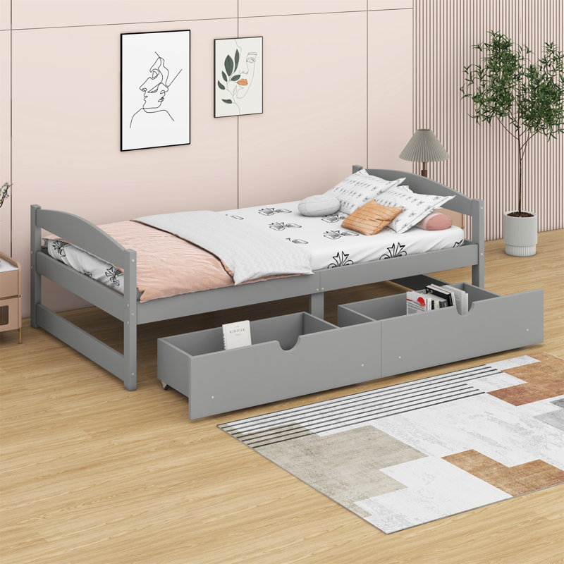 Lit plateforme avec deux tiroirs, Gris