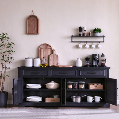 Buffet 66 po avec tablettes réglables, 4 portes et 3 tiroirs