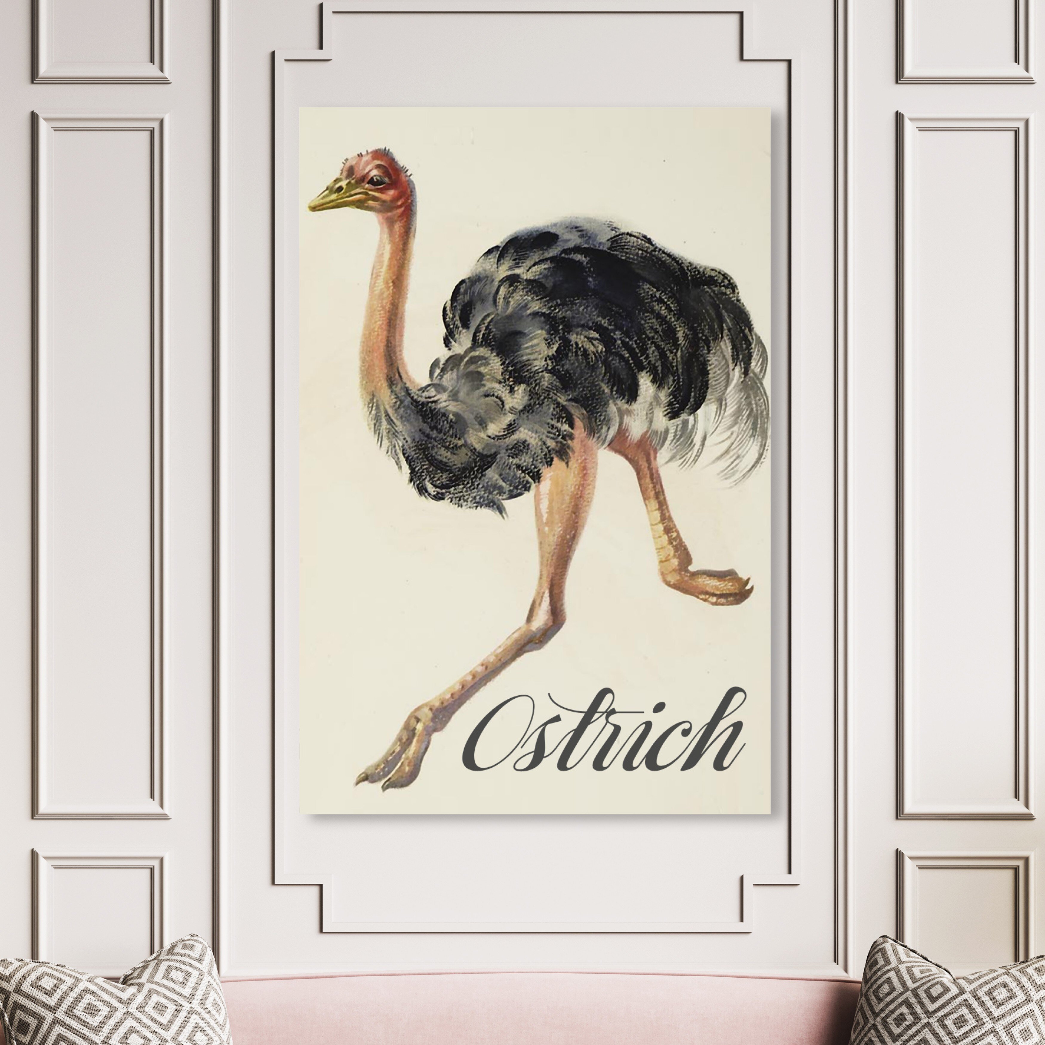 Ostrich Painting Original Bird Gold Art Frame Artwork Black Bird Wall Art