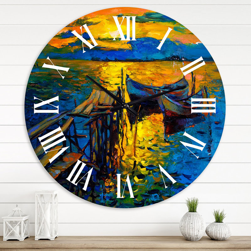 Bateau pendant la soirée, lueur au lac II - horloge murale nautique et côtière, Moyenne