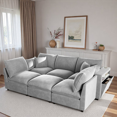 Modern Sectional Sofa With Movable Ottoman, Storage Armrests And Usb Ports