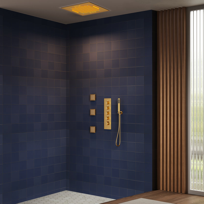 20" Ceiling-Mount LED Rainfall Shower System with Bluetooth Music, Handheld Sprayer & Thermostatic Valve, Brushed Gold