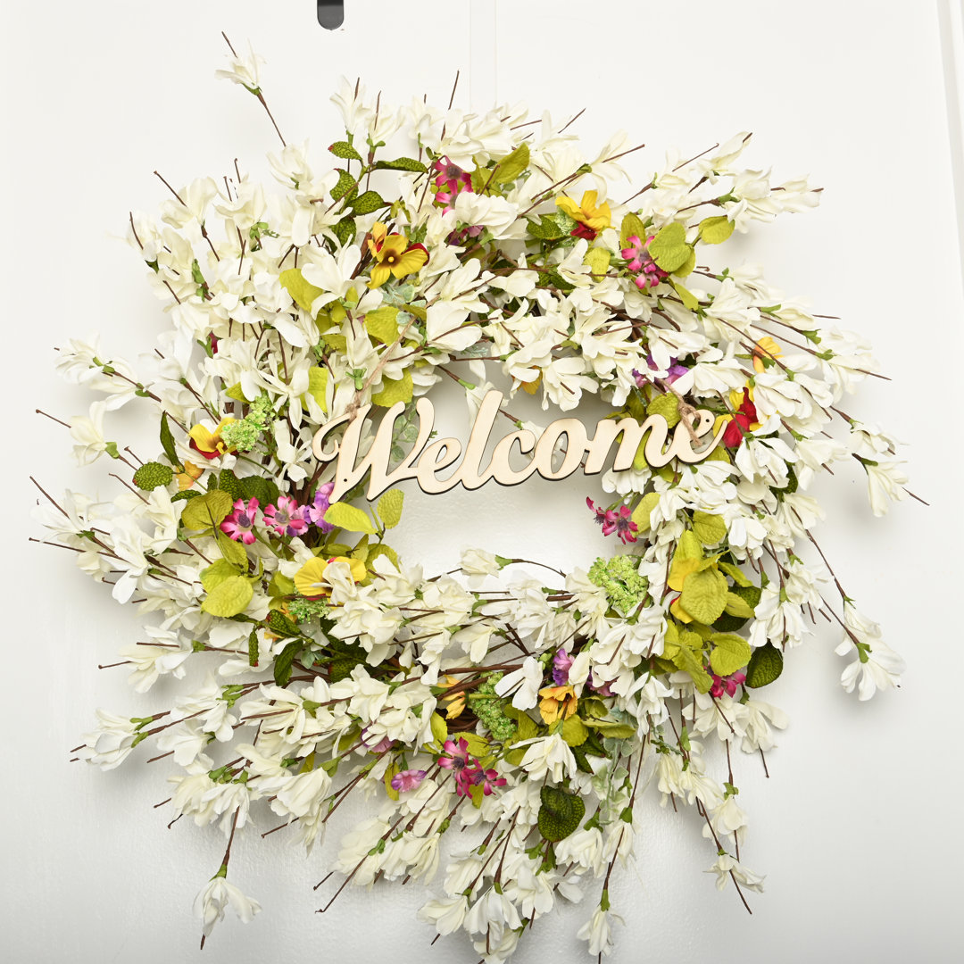 24" Welcome Forsythia Berry Floral Wreath for Front Door Primrue